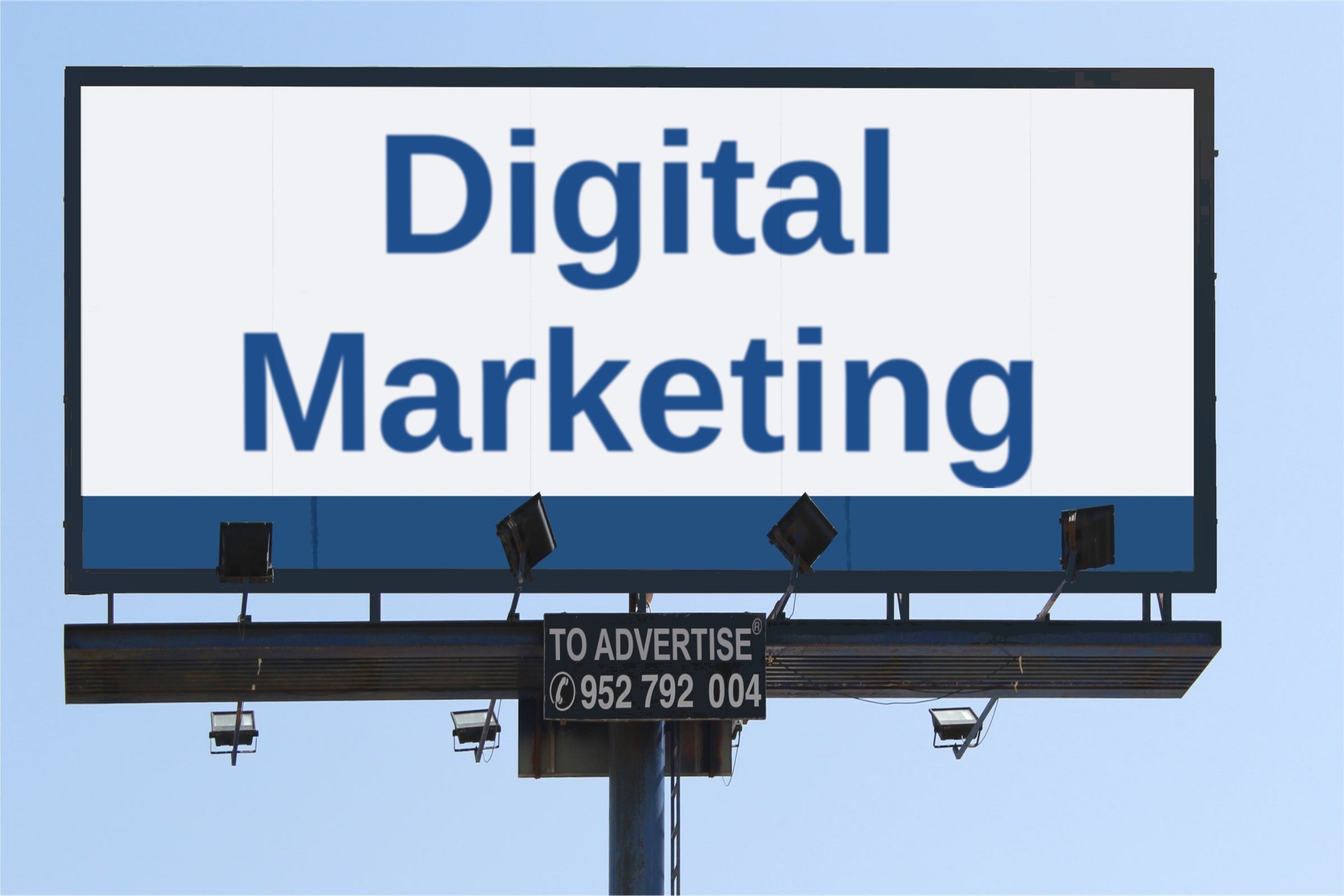 Blank billboard against a blue sky template with the words "Digital Marketing" printed on the surface