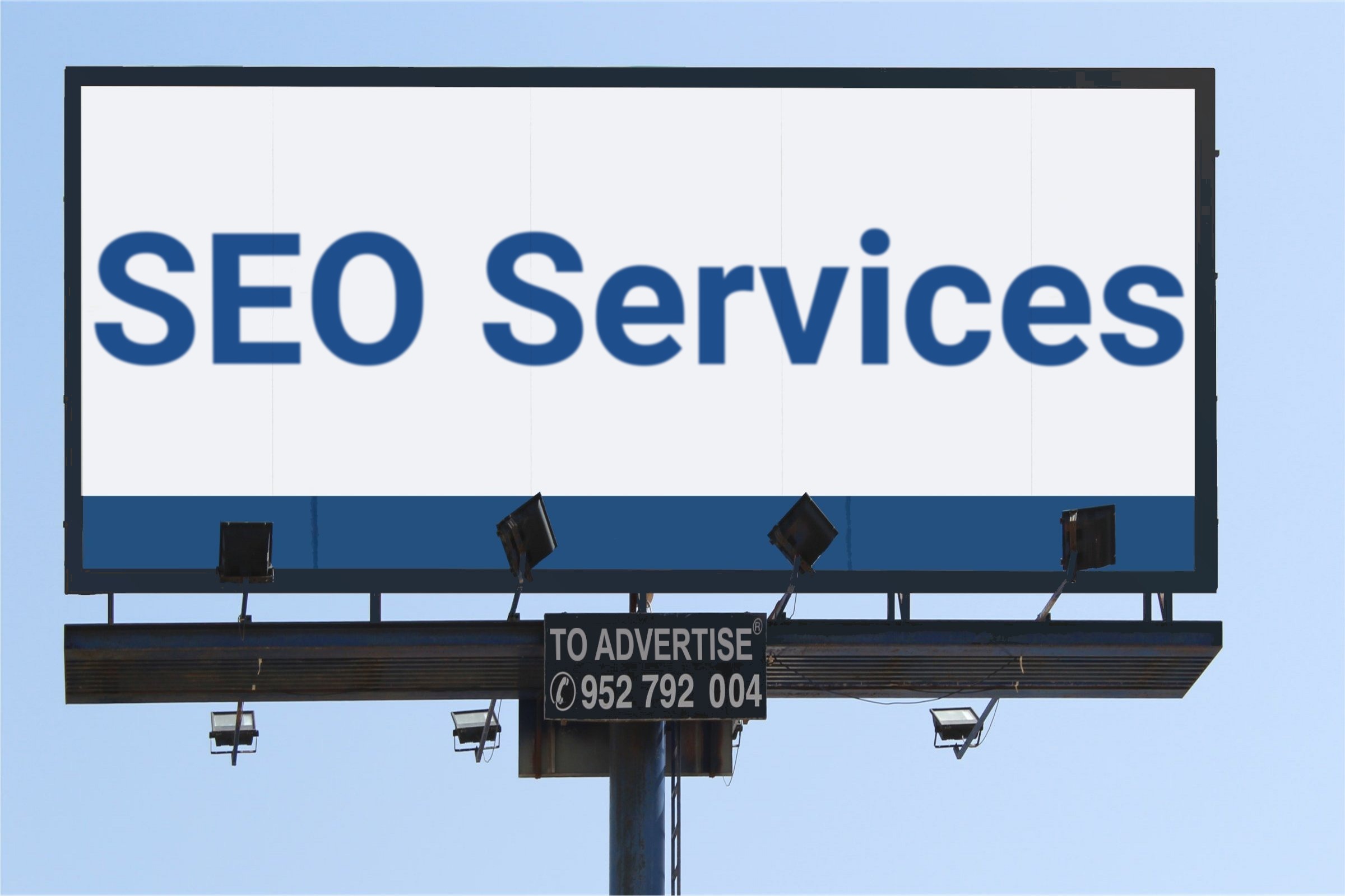 Blank billboard against a blue sky template with the words "SEO Services" printed on the surface
