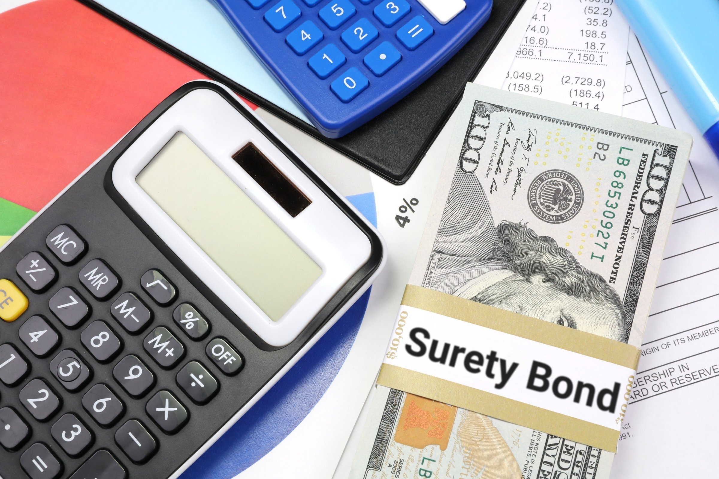 Dollar bills with a blank band, calculators and charts template with the words "Surety Bond" printed on the surface