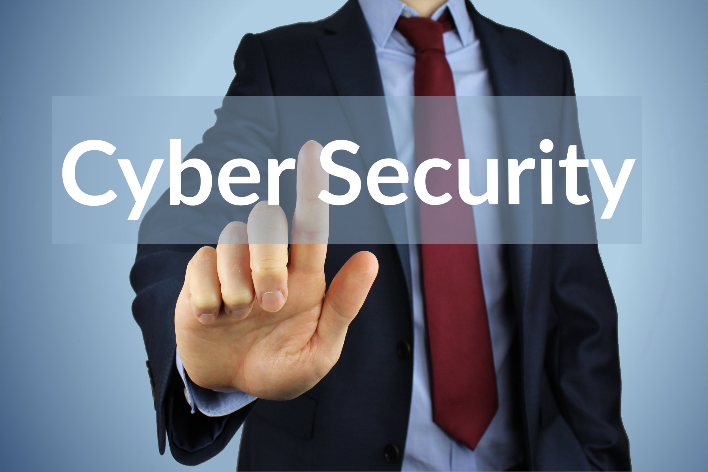 Businessman touching a transparent screen template with the words "Cyber Security" in plain lettering