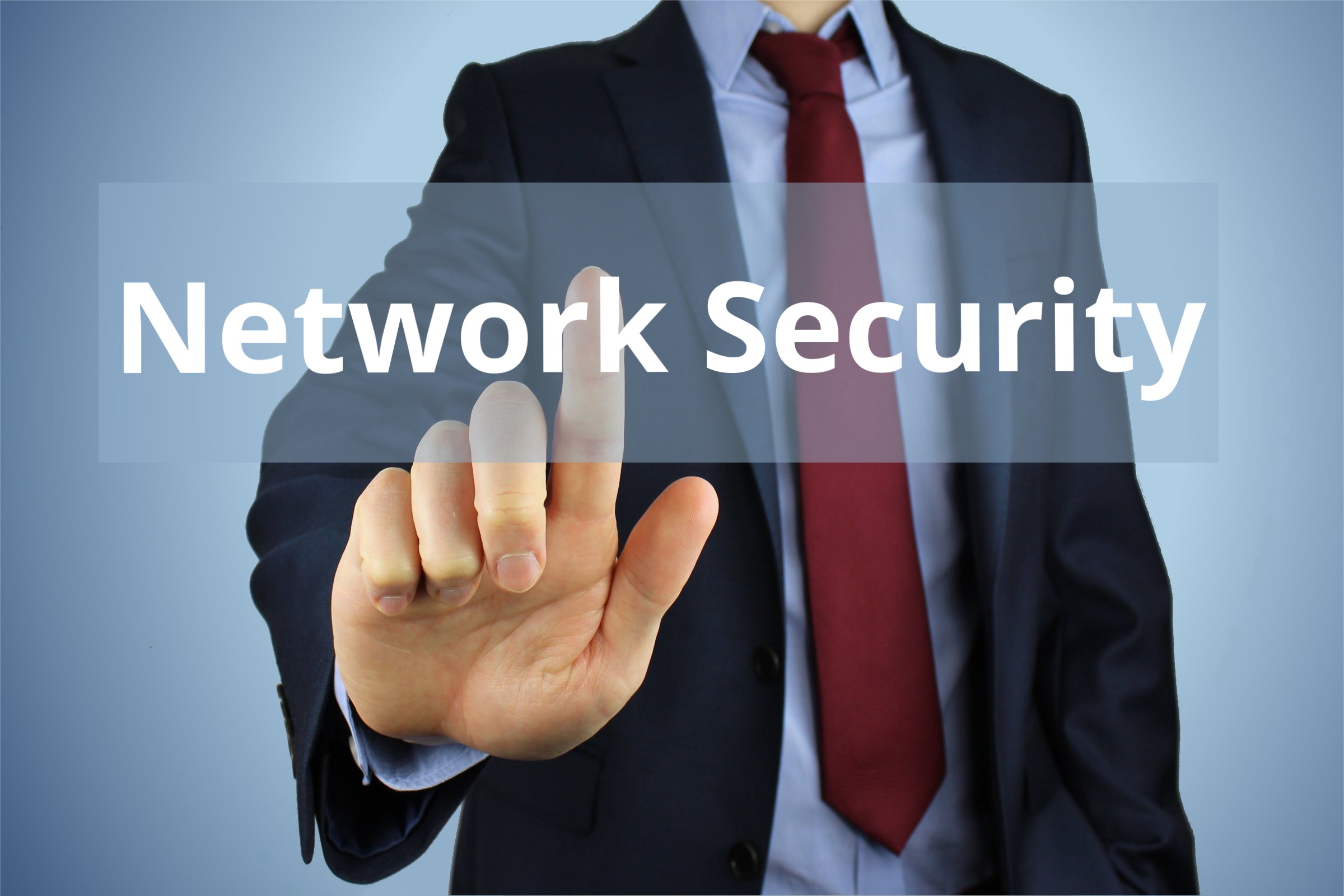 Businessman touching a transparent screen template with the words "Network Security" in plain lettering