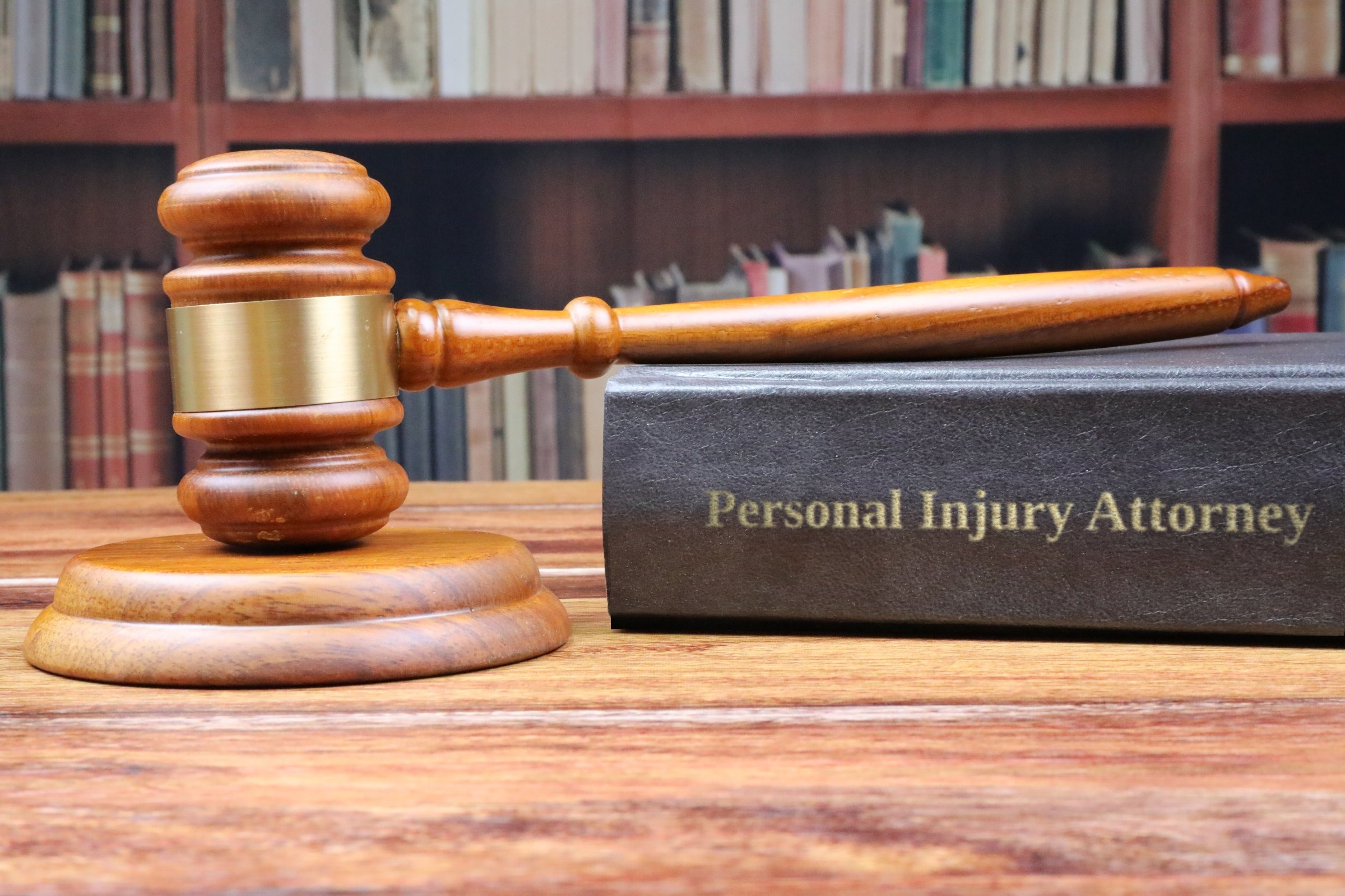 Gavel and sound block with a black law book template with the words "Personal Injury Attorney" in metallic foil lettering