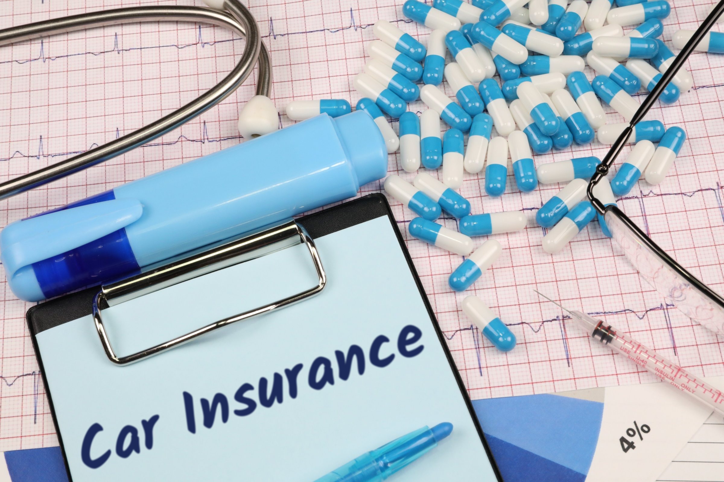 Clipboard with pale blue paper, capsules and glasses template with the words "Car Insurance" printed on the surface
