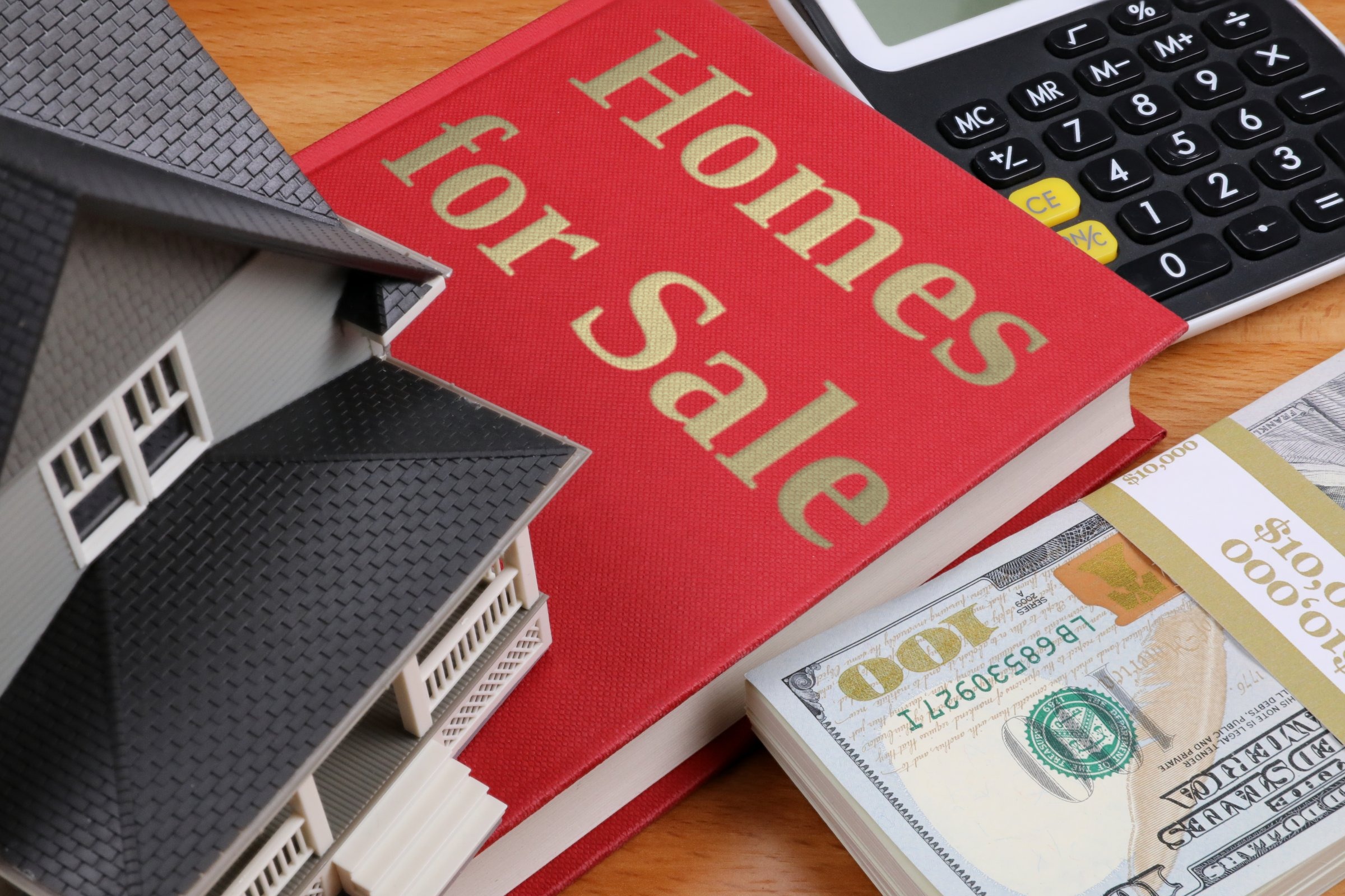 Red book with a model house and dollars template with the words "Homes for Sale" in metallic foil lettering
