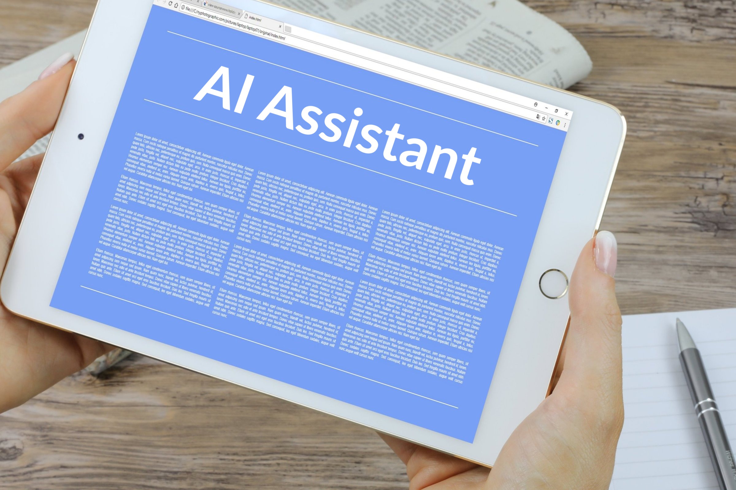 Hand holding a tablet with a blank blue screen template with the words "AI Assistant" in plain lettering